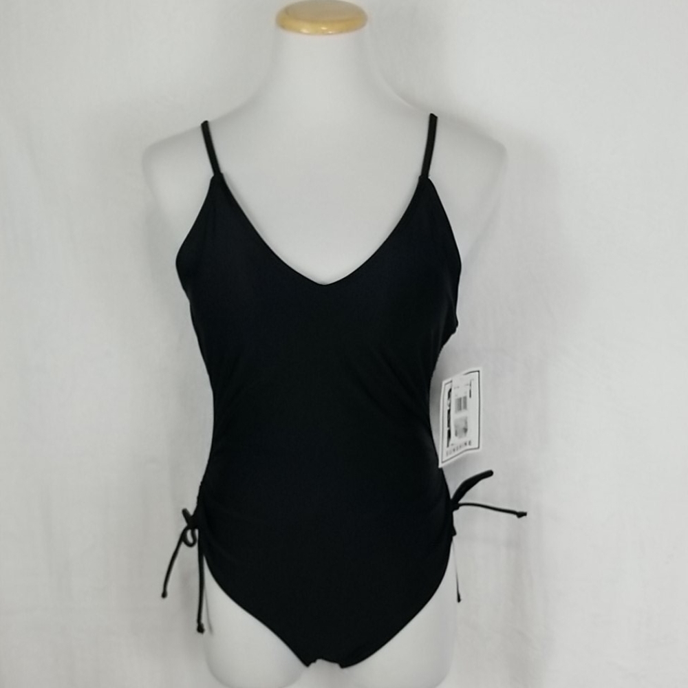 NWT ruched sides black deep cut bathing su…
